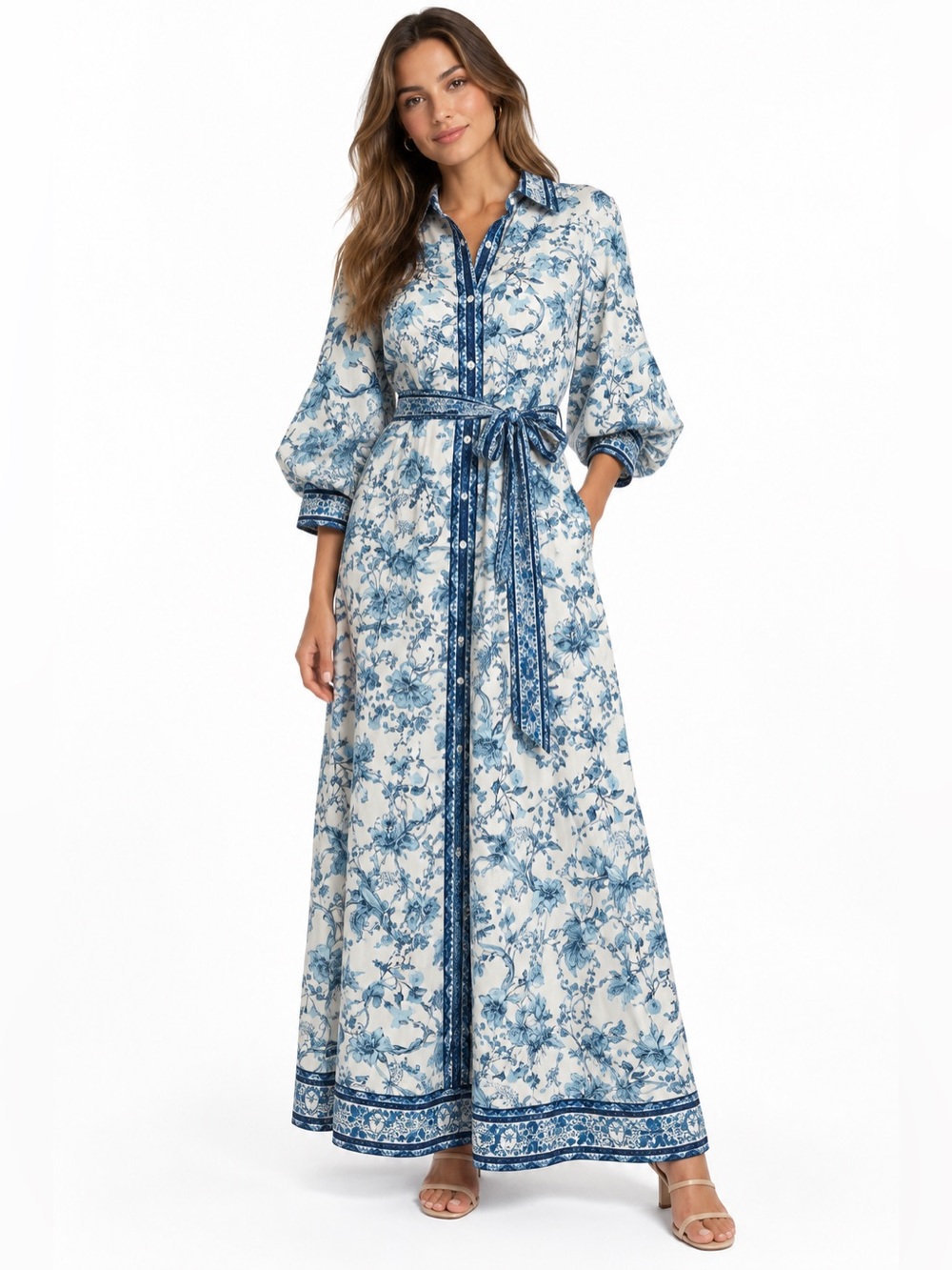 Alice + Olivia Blue White Floral Belted Maxi Shirt Dress S NWOT